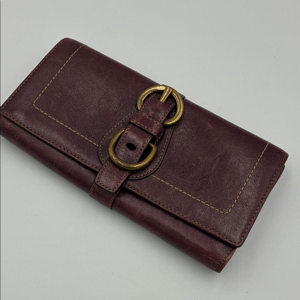 Vintage Coach Oxblood Leather Trifold Wallet with Brass Buckle Pink Interior